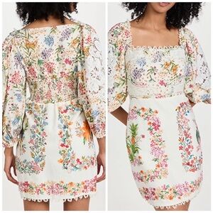 Farm Rio Delicate Forest Scarves Billowy-Sleeve Embroidered Minidress